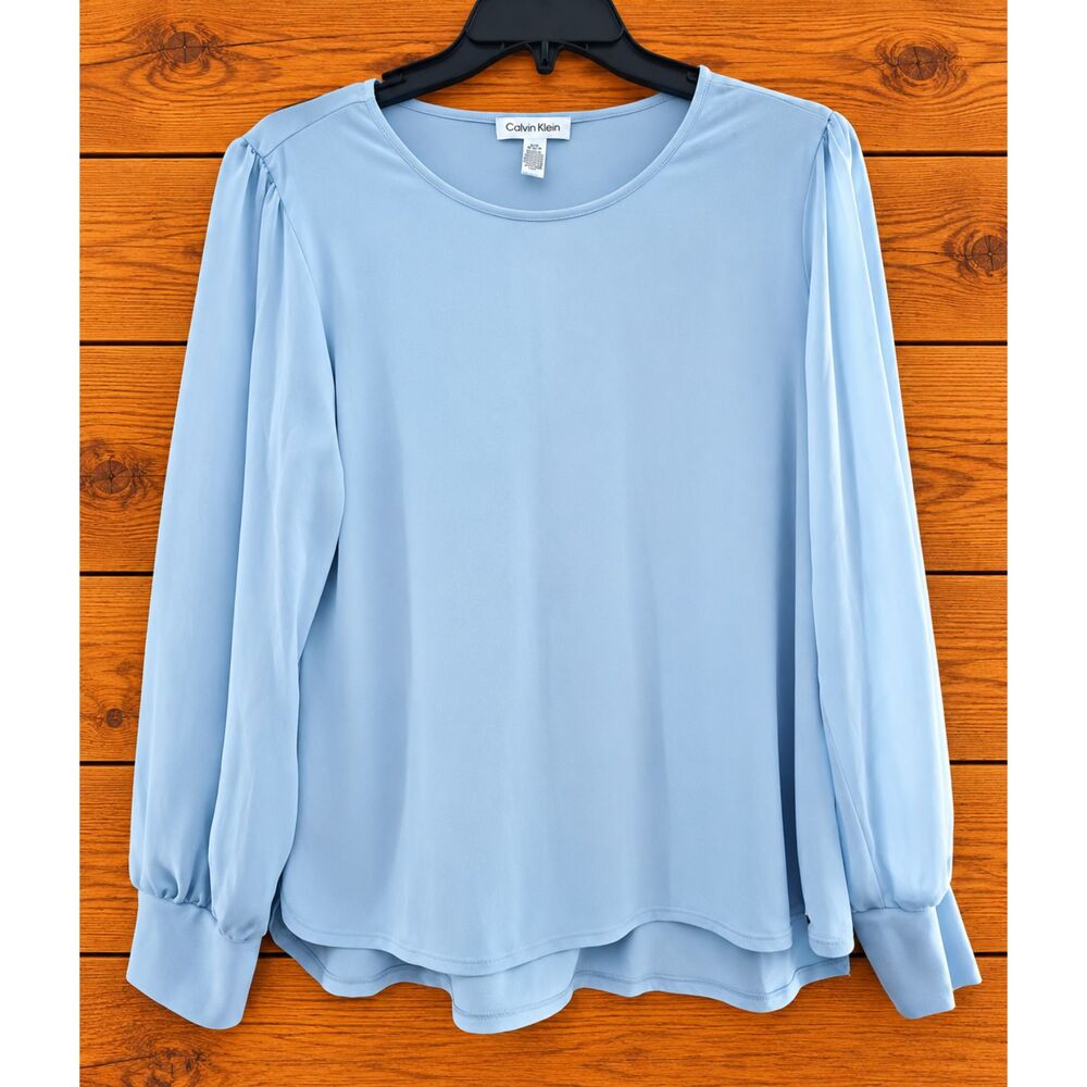 Calvin Klein Light Blue Long Sleeve Blouse Pleated Cuff Top NWT Women Size Med